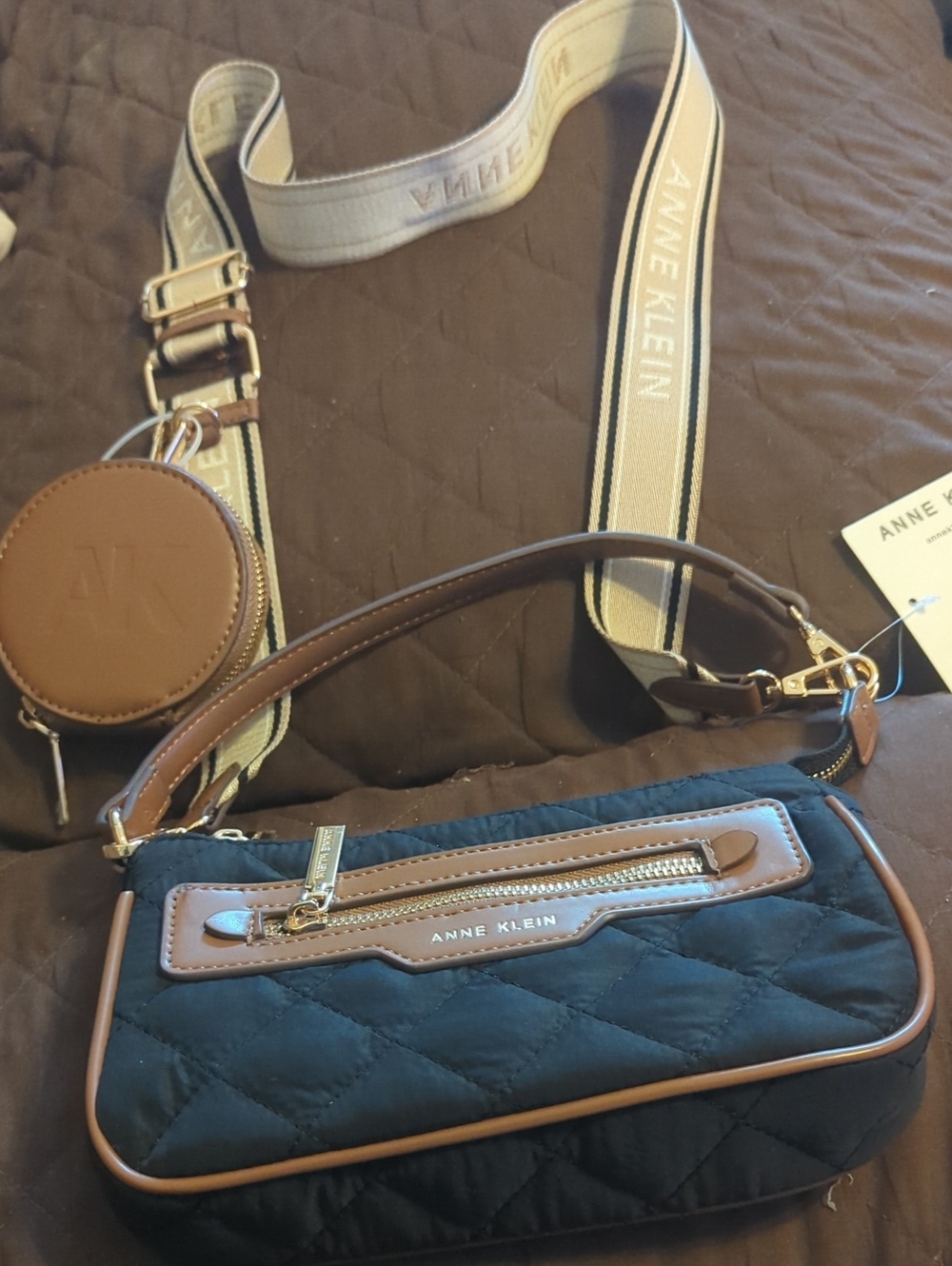 Anne Klein Black Quilted Crossbody with Tan Trim and Coin Pouch